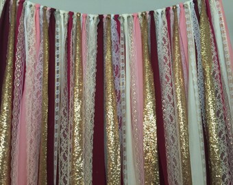 Burgundy, Pink & Gold Sparkle Sequin Fabric Backdrop with Lace - Wedding Garland, Photo Prop, Curtain, Baby Shower