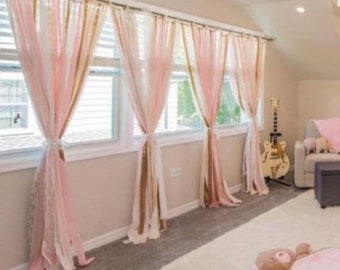 Pink & Gold Sparkle Sequin Garland Curtain with Lace - Nursery Decor, Boho Curtain, Crib Garland, Window Treatment