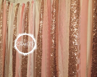 Rose Gold Sequin Garland Fabric Backdrop with Lace - Wedding, Photo Prop, Curtain, Baby Shower, Crib Garland