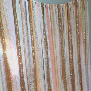 Blush, Nude, Rose Quartz, Peach with Gold Sparkle Sequin Fabric Backdrop Lace Wedding Garland, Photo Prop, Curtain, Baby Shower image 2