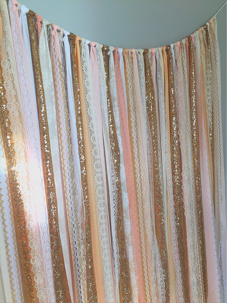 Blush, Nude, Rose Quartz, Peach with Gold Sparkle Sequin Fabric Backdrop Lace Wedding Garland, Photo Prop, Curtain, Baby Shower image 2