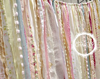 Shabby Chic Boho Rustic Fabric Garland Backdrop - Ribbon Fabric Wall - Nursery, Gypsy Festival Curtain, Room Decor - Glamping - 7 ft x 6 ft