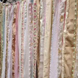 Shabby Chic Boho Rustic Fabric Garland Backdrop Ribbon Fabric Wall Nursery, Gypsy Festival Curtain, Room Decor Glamping 7 ft x 6 ft image 3