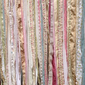 Shabby Chic Boho Rustic Fabric Garland Backdrop Ribbon Fabric Wall Nursery, Gypsy Festival Curtain, Room Decor Glamping 7 ft x 6 ft image 2