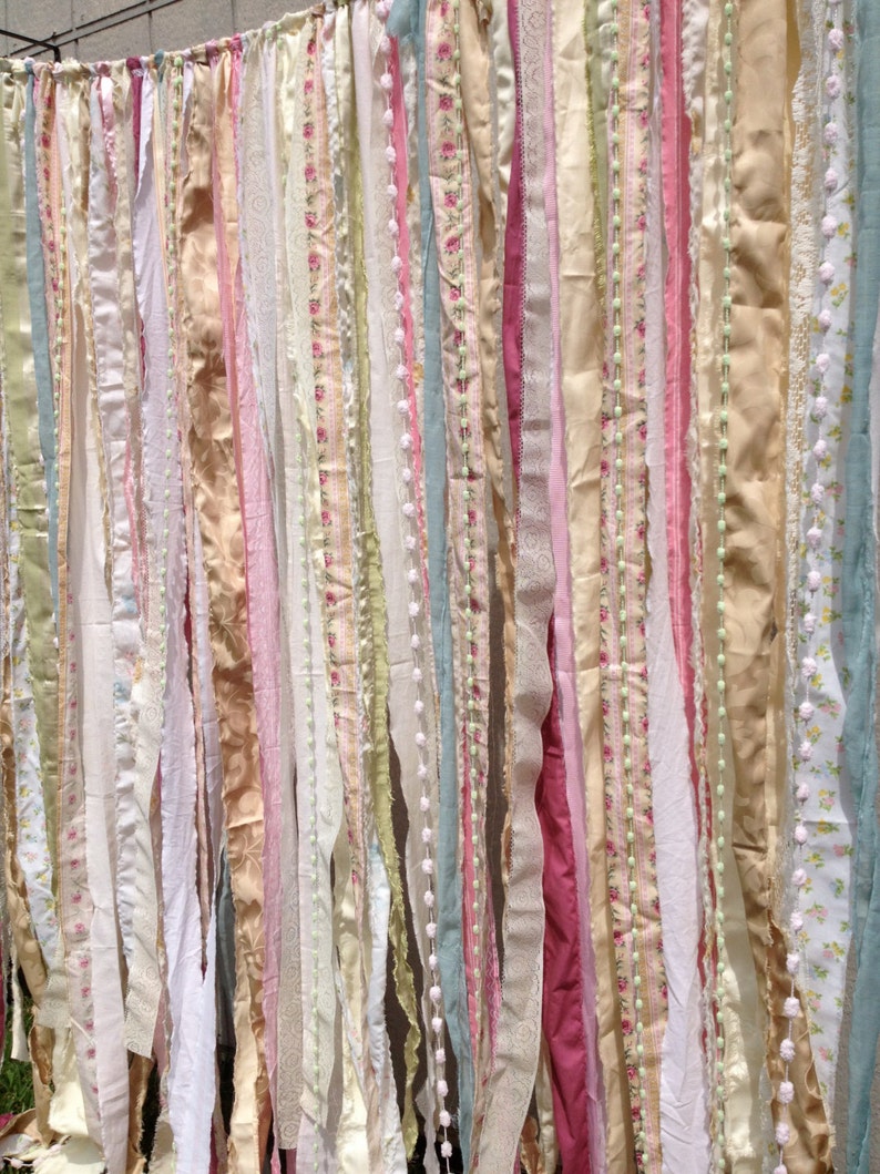 Shabby Chic Boho Rustic Fabric Garland Backdrop Ribbon Fabric Wall Nursery, Gypsy Festival Curtain, Room Decor Glamping 7 ft x 6 ft image 2