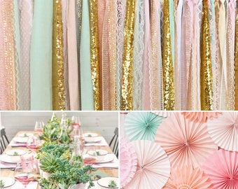 Peach, Pink, Mint & Gold Garland Backdrop - fabric fringe - birthday, baby shower, wedding ... Fabric, Sequin and Lace