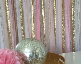 Pink Ombre & Gold Sequin Sparkle Fabric Backdrop Garland - Wedding, Baby Shower, Photo Prop, Nursery, Crib Garland