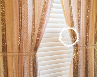 Blush, Peach, Nude, Rose Quartz with Gold Glittery Sequin Garland Curtain - Lace - Bling - Nursery Decor, Curtain, Crib Garland