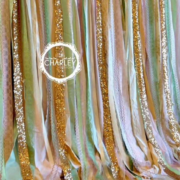 Pink Mint Gold Sparkle Sequin Fabric Backdrop with Lace - Wedding Garland, Photo Prop, Curtain, Baby Shower, Crib Garland