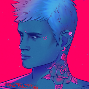 May include: A digital illustration of a person with blue hair and a rose tattoo on their neck. The background is pink with white dots. The text "@susanvengeance" and "deadweight" are visible in the image.
