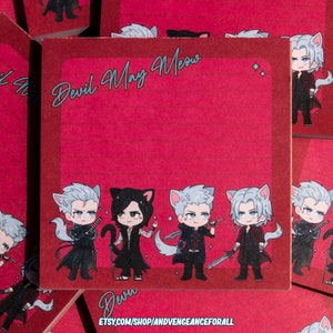 May include: A set of four red sticky note pads featuring a cartoon illustration of four characters from the Devil May Cry video game series. The characters are dressed in black and white outfits and have cat ears. The text "Devil May Meow" is written in white on the top of the note pad.