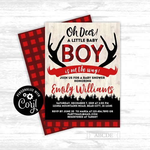 Deer Baby Shower Invitation Boy Red Buffalo Plaid Baby Shower Etsy
