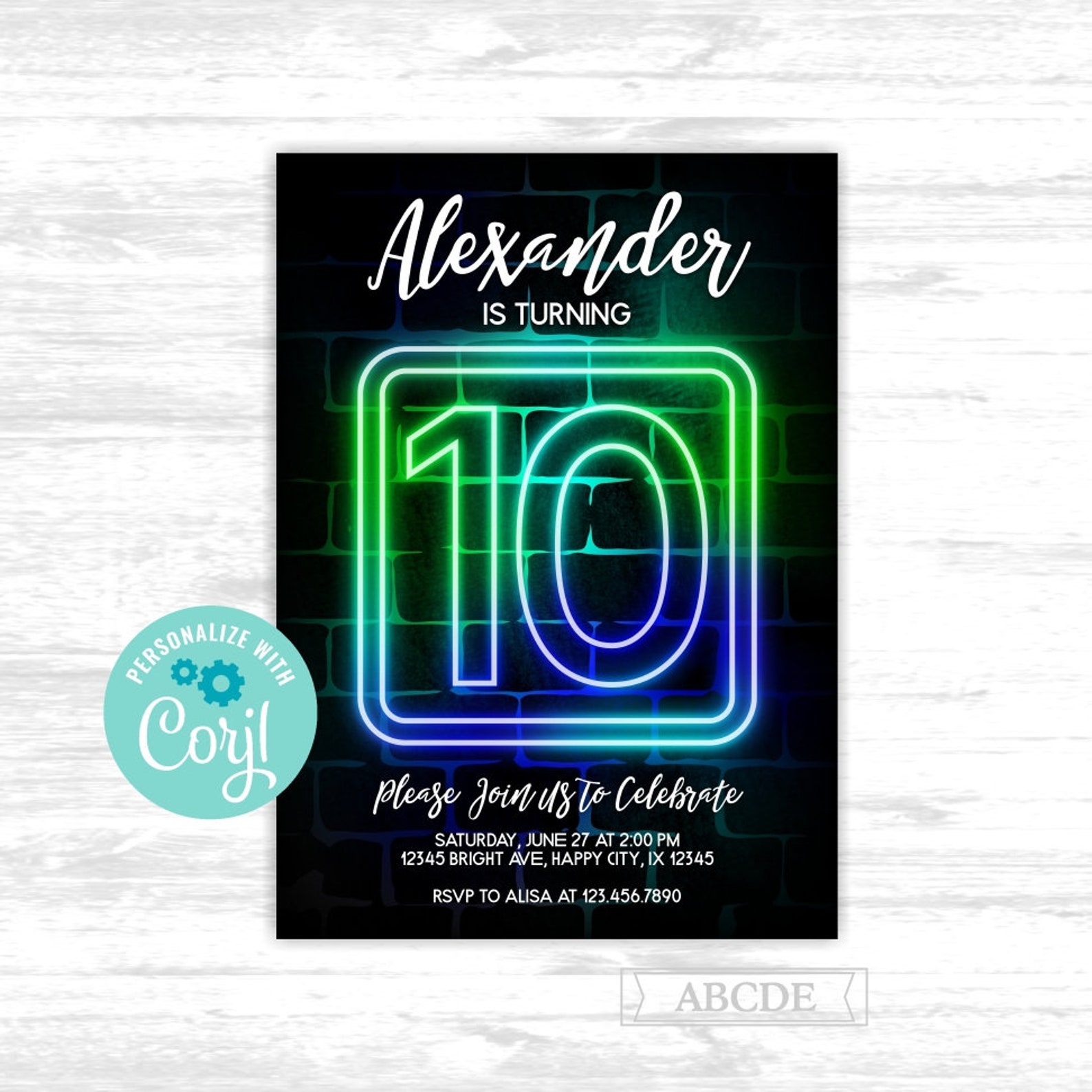 Boy 10th birthday invitation Neon Glow in the dark Party 10th Etsy