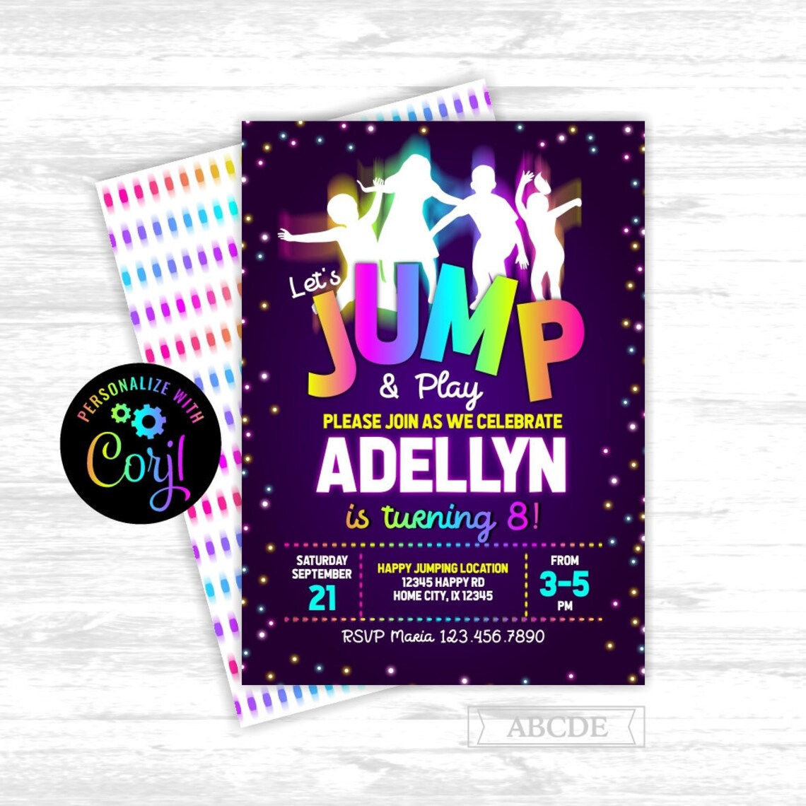 Glow Jump Party Birthday Invitation Girl Neon Rainbow - Etsy