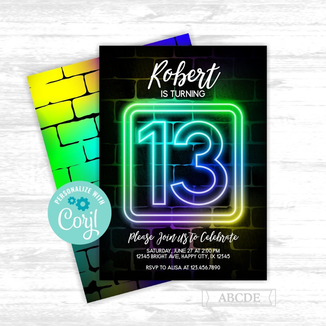 boy-13th-birthday-invitation-neon-glow-in-the-dark-party-13th-etsy