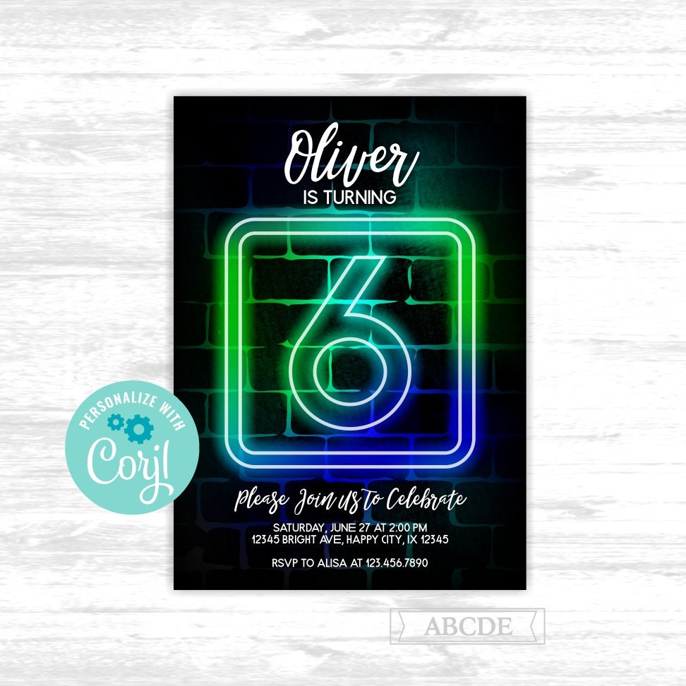 Boy 6th birthday invitation Neon Glow in the dark Party 6th - Etsy España