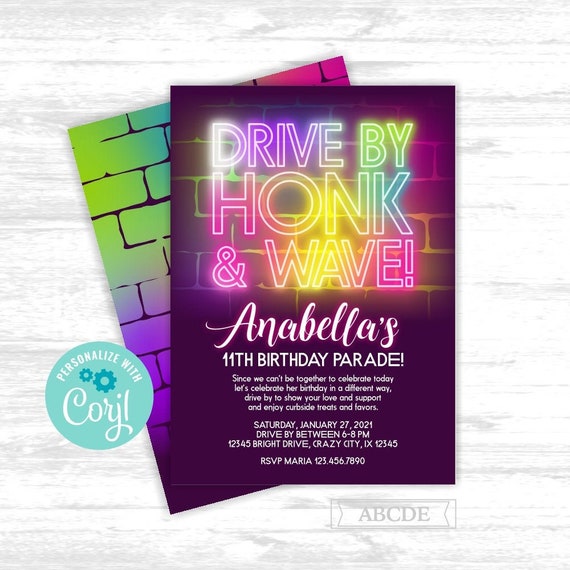 Drive By Birthday Party Parade invitation editable Glow in the | Etsy