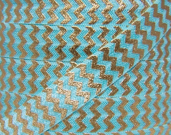 Verkoop!!! 5/8 "Aqua en goud metallic Chevron vouw over elastische-elastisch voor baby hoofdbanden, haar banden en naaien-1 of 5 werven 5/8 inch vijand