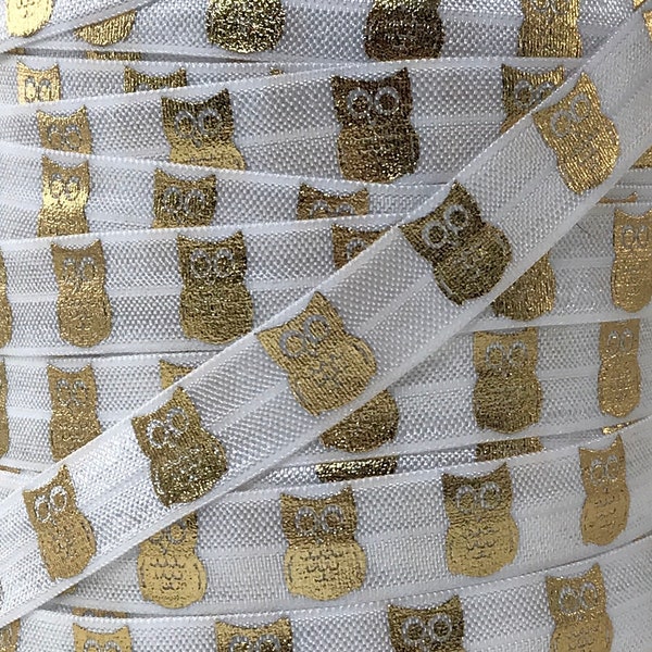 5/8" White and Gold Metallic Owl Print Fold Over Elastic - Elastic for Baby Headbands and Hair Ties - 1 or 5 Yards of Printed FOE