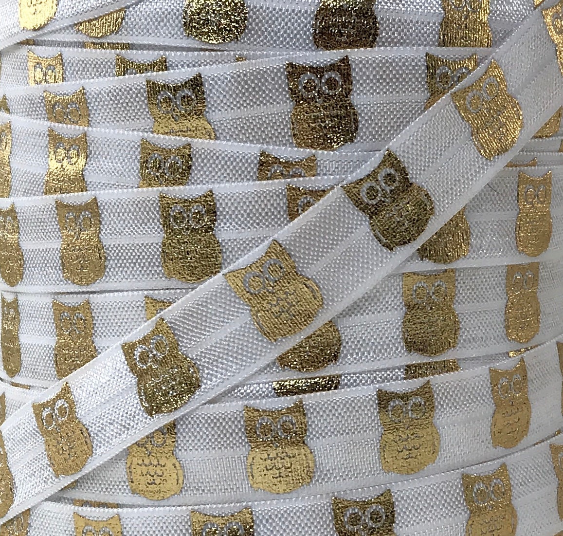 5/8" White and Gold Metallic Owl Print Fold Over Elastic - Elastic for Baby Headbands and Hair 