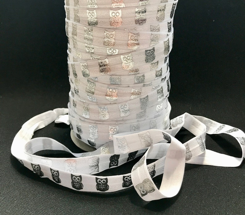 1 or 5 Yards of Printed FOE Elastic for Baby Headbands and Hair Ties 58 White and Silver Metallic Owl Print Fold Over Elastic