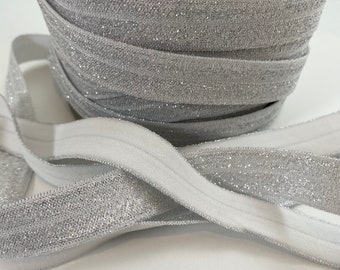 Elástico plegable brillante plateado claro de 1,6 cm - Elástico para diademas de bebé, costura y coleteros - 1, 5 o 10 yardas de 1,6 cm FOE