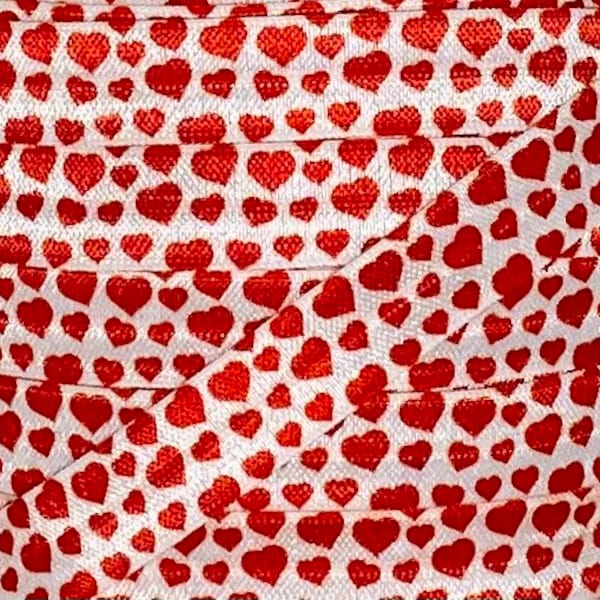 5/8" Red Heart Print Fold Over Elastic - Elastic for Headbands and Hair Ties -  5/8 inch Printed FOE