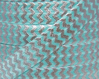 REA!!! 5/8" Aqua och Silver Metallic Chevron Vikband - Resårband för Babypannband och Hårband - 1 eller 5 Yards 5/8 tum FOE