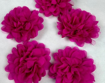 Set of 5 4” Chiffon and Tulle Flowers in Hot Pink - Flower Head for Headbands and DIY Hair Accessories