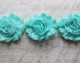 SALE!!! 2.5" Shabby Chiffon Flower Trim in Aqua - Flower Trim for Headbands and DIY supplies - 1/2 or 1 yard lengths