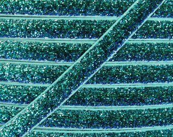 3/8" Aqua/Turkos Ombre Glitter Resårband - Resårband för babyhårband och hårsnoddar - Säljs i längder på 1 och 5 yard