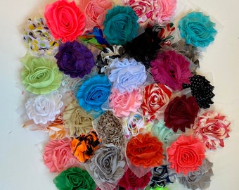 2 1/2&quot;- 20 Assorted Chiffon Shabby Flowers Solid and Print Single Flowers - Grab Bag of Flowers - For Headbands