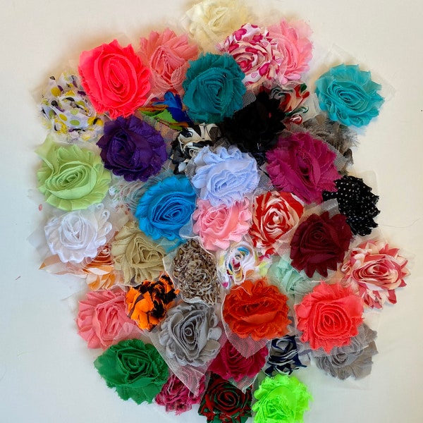 2 1/2"- 20 Assorted Chiffon Shabby Flowers Solid and Print Single Flowers - Grab Bag of Flowers - For Headbands