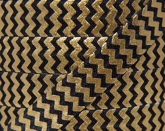 Verkoop!!! 5/8 "zwart en goud folie metallic Chevron vouw over elastische-elastisch voor baby hoofdbanden en haar banden-gedrukte vijand