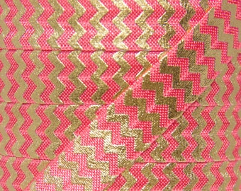 SALE!!! 5/8" Watermelon and Gold Metallic Chevron Fold Over Elastic - Elastic for Baby Headbands and Hair Ties - Printed FOE