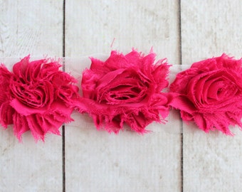 SALE!!! 2.5" Yard Shabby Chiffon Flower Trim in Fuchsia - Flower Trim for Headbands and DIY supplies 1/2 or 1 yard Lengths