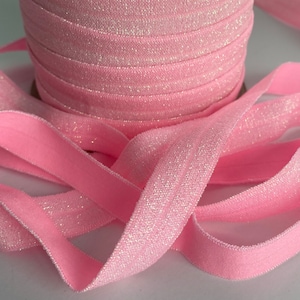5/8&quot; Baby Pink colored Glittering Fold Over Elastic - Elastic For Baby Headbands, Sewing and Hair Ties - 1, 5 or 10 Yards of 5/8 inch FOE