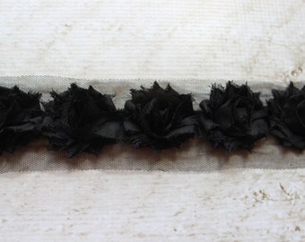 SALE!!! Black Petite Shabby Chiffon Flower Rose Trim - Flower Trim for Headbands and DIY supplies - 1/2 or 1 yard Lengths