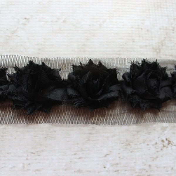 SALE!!! Black Petite Shabby Chiffon Flower Rose Trim - Flower Trim for Headbands and DIY supplies - 1/2 or 1 yard Lengths