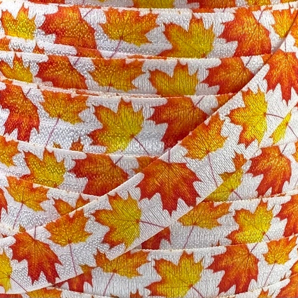 5/8" Fall Leaves Print Fold Over Elastic - Elastic for Baby Headbands and Hair Ties - 1 or 5 Yards 5/8 inch Printed FOE