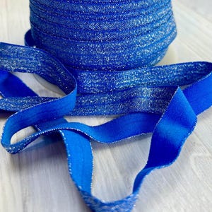 5/8&quot; Baltic Blue Glittering Fold Over Elastic - Elastic For Baby Headbands, Sewing and Hair Ties - 1, 5 or 10 Yards of 5/8 inch FOE