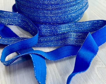 5/8" Baltic Blue Glittering Fold Over Elastic - Elastic For Baby Headbands, Sewing and Hair Ties - 1, 5 or 10 Yards of 5/8 inch FOE