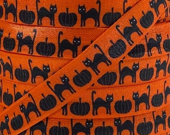 Halloween Black Cats on Orange FOE -  Fold Over Elastic - Elastic for Baby Headbands and Hair Ties - 5 Yards 5/8 inch Printed FOE