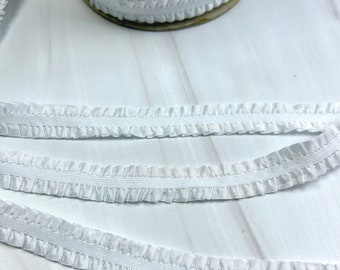 1/2" White Ruffle Double Sided Solid Fold Over Elastic - Elastic For Baby Headbands, sewing, or Hair Ties - 1 or 5 Yards of ruffle elastic