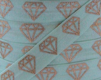 5/8" Pastel Verde Metal Metalizado Diamante Impresión Pliegue sobre Elástico - Elástico para diademas de bebé y corbatas de pelo - 1 o 5 yardas 5/8 en FOE impreso