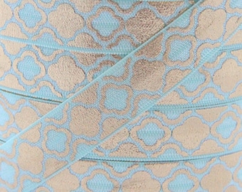 5/8" Aqua Metallic Gold Quatrefoil Print Fold Over Elastic - Elastic for Baby Headbands and Hair Ties - 1 or 5 Yards 5/8 inch Printed FOE