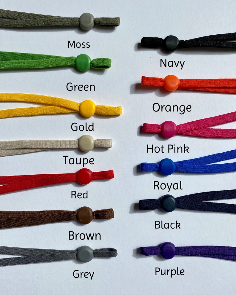May include: Assortment of 12 colors of elastic mask strap extenders with adjustable toggles. Colors include moss, green, gold, taupe, red, brown, grey, navy, orange, hot pink, royal blue, and purple.