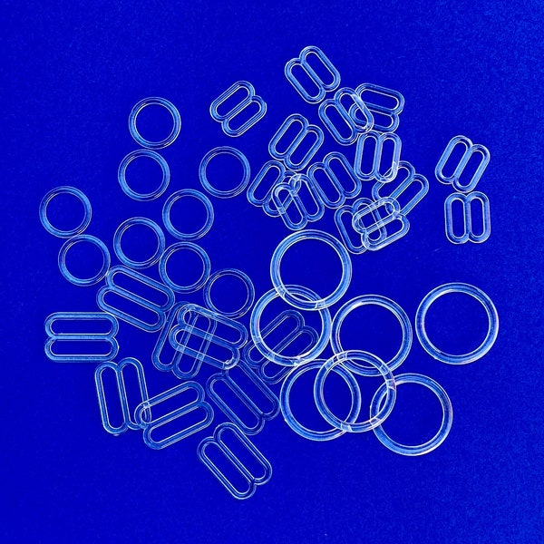 Clear Plastic adjusters in 3/8" or 5/8" Clear Plastic Adjusters - Each set Includes Sliders & Rings