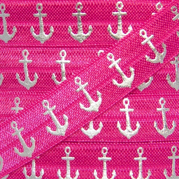 5/8" Hot Pink and Silver Metallic Anchor Print Fold Over Elastic - Elastic for Baby Headbands and Hair Ties - 1 or 5 Yards Printed FOE