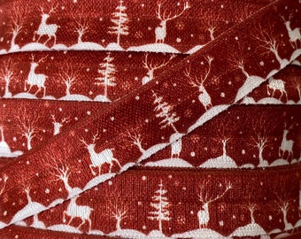 5/8" Christmas Wonderland Print Fold Over Elastic in red, white and green- Elastic for Headbands and Hair Ties -  5/8 inch Printed FOE